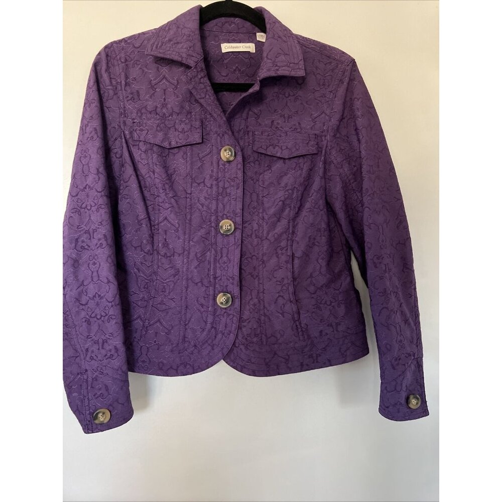 Coldwater Creek Jacket Purple Embroidered Print Collared Buttons Pockets‎ Size 6